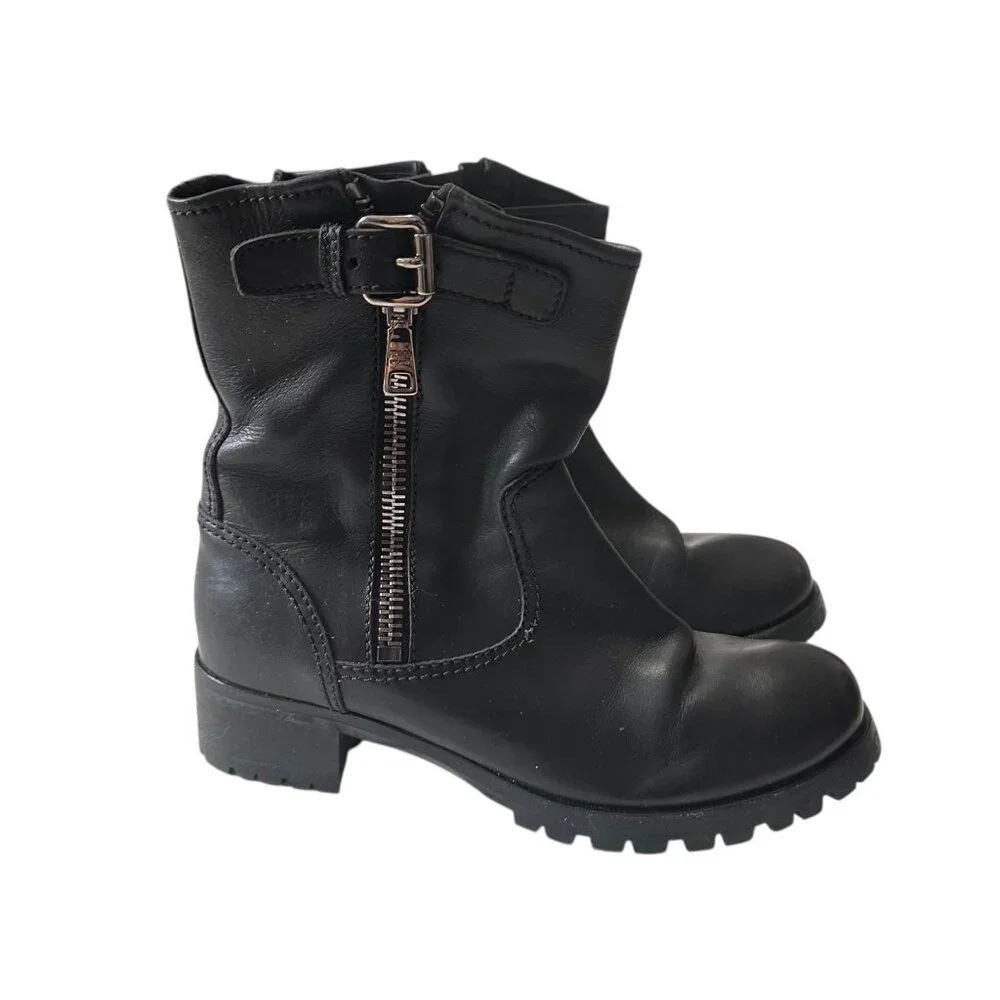 Prada Biker Boots Black Leather Lug Sole Ankle Boots EU 38.5